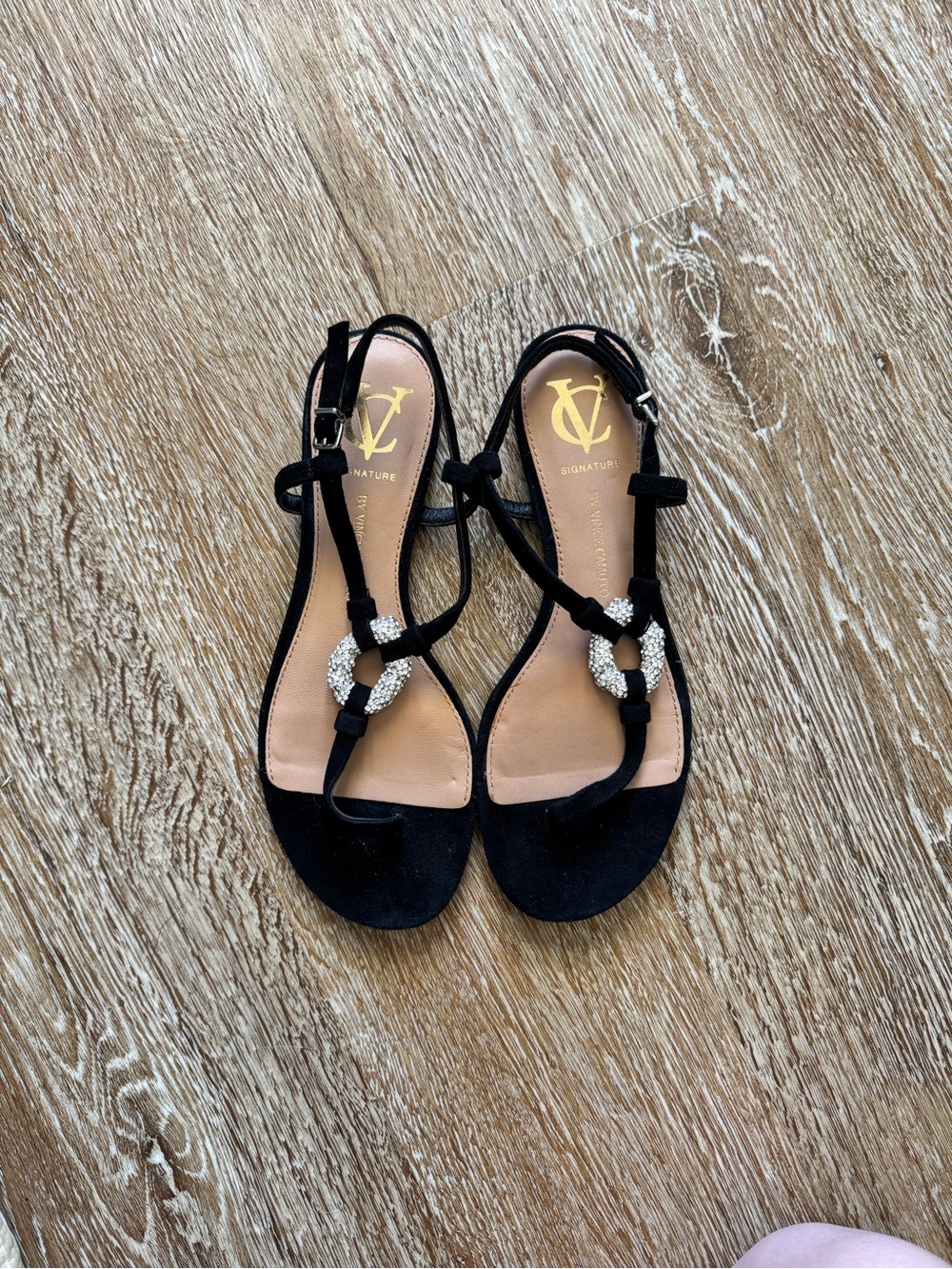 Vince Camuto Black Suede T‑Strap Sandals with Crystal Ring Accent